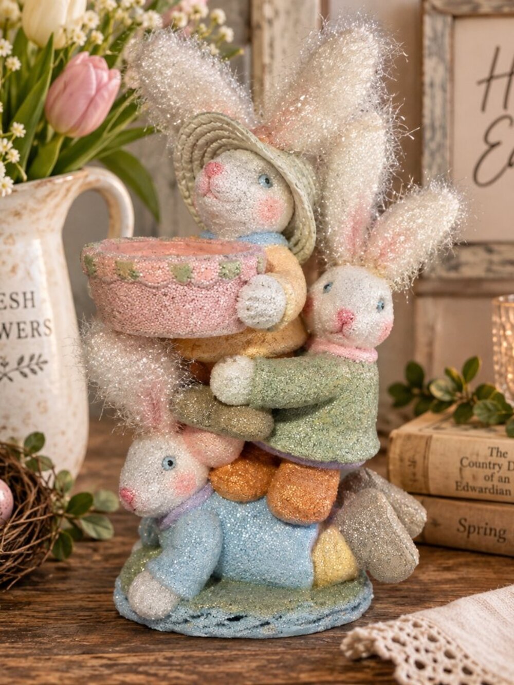 Vintage Style Easter Bunny Figurine Stacked 3 Rabbits Glitter Pastel Basket 9"